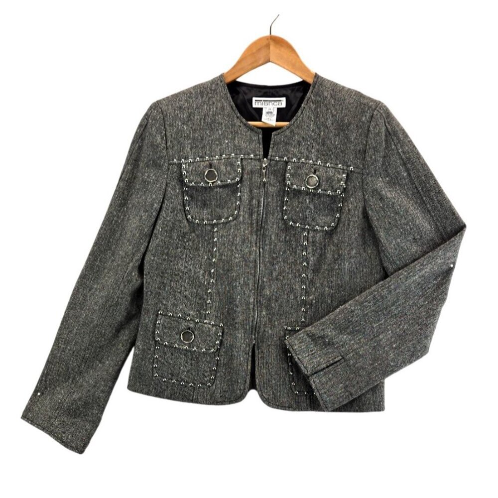 Vtg 90s Blazer Moto Gray Weave Multi Color Specs Silver Studs & Thread M Mishca - Picture 3 of 15